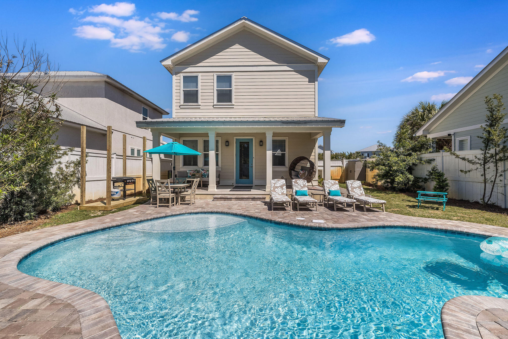 INVESTORS, TAKE NOTE: 100% bonus depreciation eligible with a cost segregation study! Consult your CPA for details and requirements. This is a PROVEN INCOME-PRODUCING PROPERTY WHY YOU WILL LOVE 150 PENELOPE STREET: --Prime Location - 8 minute walk from the beach in a gated community with access to both a private and community pool!
--Located in gated Villas of Frangista community
--Quiet cul-de-sac location with strong curb appeal
--Fully furnished, turnkey, and rental ready!
--NO HOA rental restrictions!
--Resort-Style Pool - Dive into the west-facing 20'x28' backyard pool and surrounding oasis, perfect for lounging and entertaining.
--Home Gym - Stay on track with a fully equipped workout space in the garage.
--Private Viewing Experience - Each full-size bunk bed features a personal TV & Bluetooth headphones for ultimate relaxation.
--Spacious Open Concept - The open kitchen, dining, & living area provide the perfect space for gathering.
--Outdoor Living - Enjoy a poolside BBQ and outdoor fridge with ample patio seating & cushioned lounge chairs.
FIRST FLOOR:
--Bunk Room - Cozy full-sized bunks!
--Half Bath - Conveniently located off the main hall.
--Kitchen, Dining & Living Area - Perfect for hosting family & friends.
--Expansive Patio & Pool Views - A seamless indoor-outdoor experience.
SECOND FLOOR:
--King Suite - Spacious retreat with a private en suite bath.
--Double Queen Suite - Two plush queen beds with a private ensuite bath.
--Grand King Suite - Featuring a walk-in tiled shower, private balcony, & twin daybed.
HVAC: 1 unit 2017, 1 unit Oct 2023
WATER HEATER: 2017
ROOF: Metal 2017, with build of house
POOL: Brand new spring 2024, gunite, heat pump, salt water, new landscaping, patio and light package