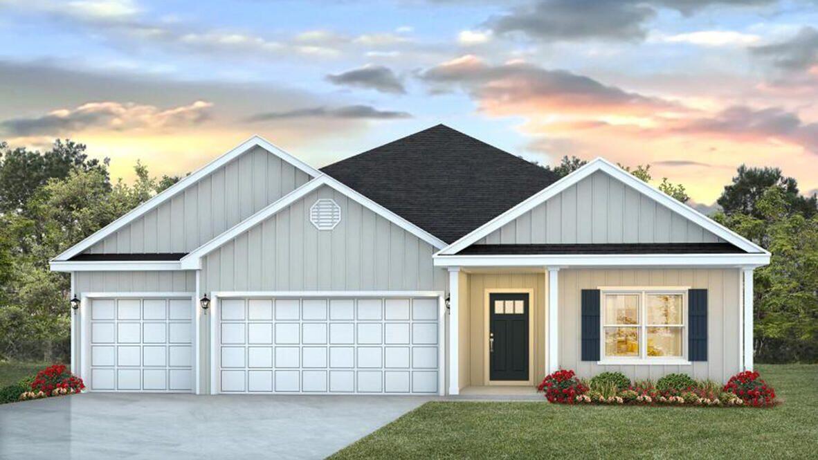 This popular Destin plan is a 4 bed, 3 bath, 3 car garage home in Hammock Oak Estates. As you enter through the foyer, there is a hall that leads to the first two guest bedrooms and a guest bath. If entering through the garage, you will walk directly into the laundry room and then into the kitchen and living room area. The family room is open to the kitchen, dining, and breakfast area with a view of the back covered porch. Situated off the family room, you will find a third bedroom and the main first bedroom that features a bath with a walk-in closet, dual sinks, and a fiberglass tub with a separate shower. Hammock Oak Estates is nestled among the beautiful pines just north of the Choctawhatchee Bay in Freeport, Florida.