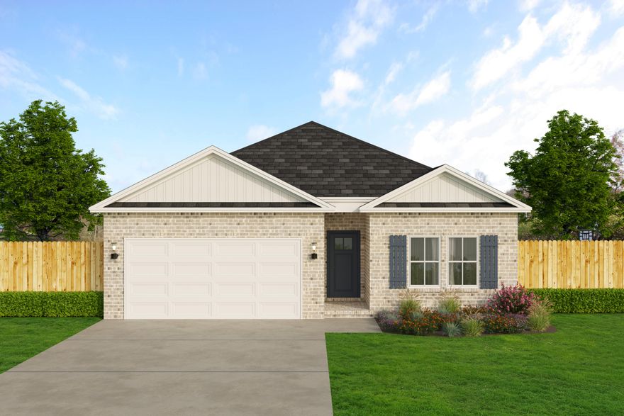 LOCATED IN BAKER - SOUTHERN DAY CHATEAU, 1/4 acre lots, fully landscaped, NO HOA, sprinkler system in place.  Beautiful all brick 'Maybell' floor plan.  Inviting entryway leads to open family/dining/kitchen area with raised ceilings & recessed lighting.  Kitchen work island has bar seating, corner pantry, quartz countertops.  Split bedroom plan with owner's bath featuring double vanities, linen storage, shower only, walk-in closet.  Luxury vinyl plank flooring in common areas, ceiling fans throughout, finished garage.  Rear porch for relaxing & entertaining.  Ready in early March plus seller will contribute up to $10,000 towards buyers closing costs/prepaids/rate buydown (restrictions apply).