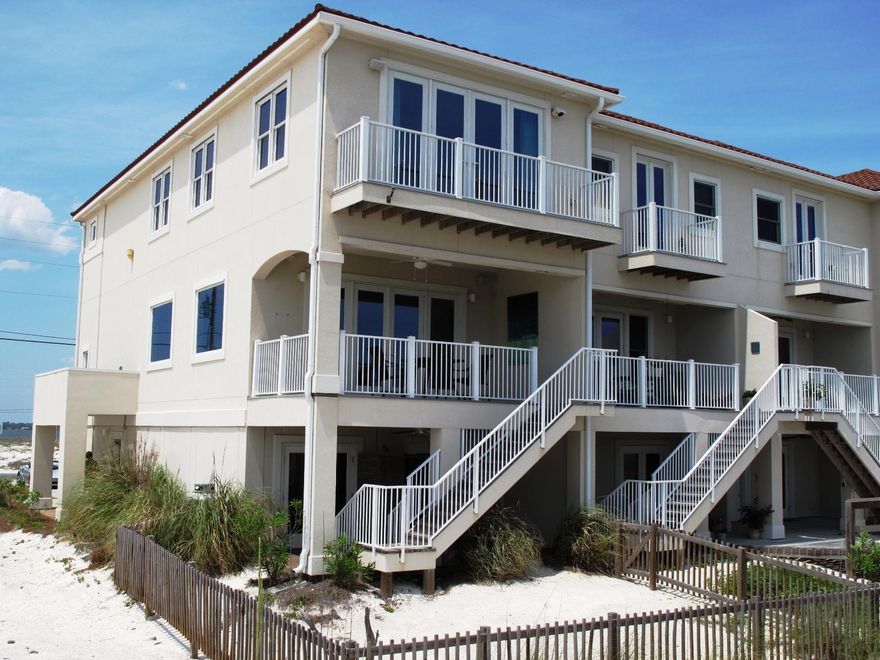 DRASTICALLY REDUCED!!! LOOK NO FURTHER!!! THIS IS THE ONE YOU HAVE BEEN WAITING FOR! THE ULTIMATE IN GULF FRONT QUALITY AND LUXURY! BOARDWALK OVER THE DUNES TO YOUR BEACH RETREAT. SPECTACULAR GULF VIEWS FROM YOUR LIVING ROOM/DINING ROOM/KITCHEN/MASTER BEDROOM AND BATH. THREE PRIVATE BALCONIES TO ENJOY GULF AND SOUND VIEWS. THIS 2,300 SQ.FT., FOUR BEDROOM, WEST END UNIT,(OF FOUR UNIT TOWNHOME) PROVIDES SPECTACULAR SUNSET VIEWS AND AN ABUNDANCE OF NATURAL LIGHT. THE PROPERTY IS OF THE FINEST CONSTRUCTION. THIS HOME HAS EVERYTHING THE DISCERNING BUYER WILL APPRECIATE. THE BUILDING IS CONSTRUCTED WITH A TRUE STUCCO SYSTEM WITH A 50 YR. WARRANTY, METAL ROMAN TILE ROOF, ANDERSON IMPACT RESISTANT WINDOWS AND DOORS, HARD WIRED SECURITY SYSTEM, INTERIOR FIRE SPRINKLER SYSTEM,