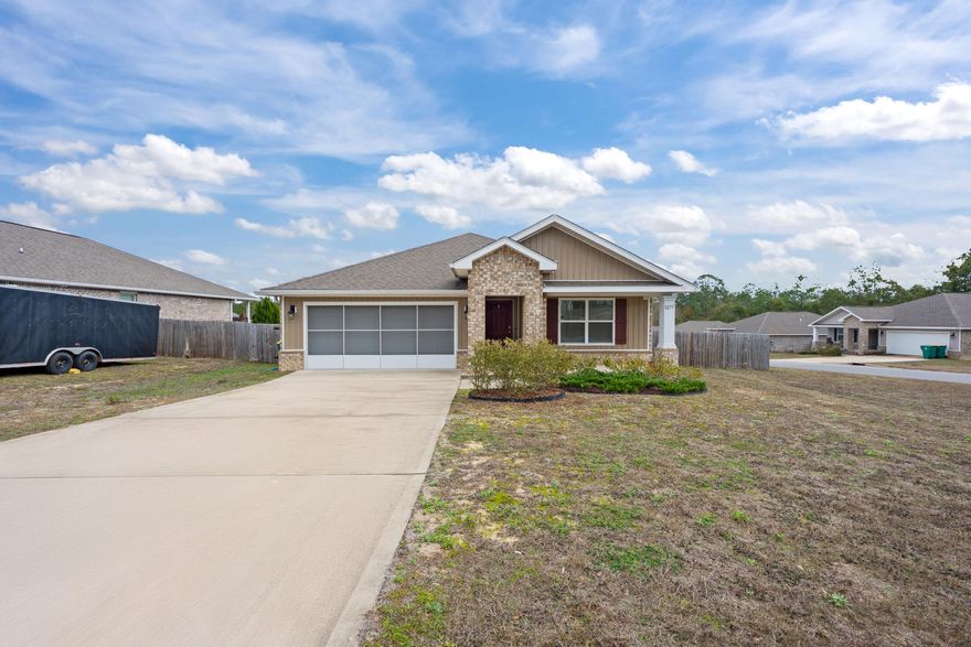 VA assumable loan available at 2.25% interest rate.Located in North Crestview, this 2021-built Cali Plan offers 4 bedrooms, 2 bathrooms, and 1,729 sq ft of living space on a 0.29-acre lot. EVP wood-look flooring runs throughout with frieze carpet in the bedrooms. Smart Home Connect system included with doorbell camera and keyless entry. The kitchen features a backsplash, island, and pantry with added shelving. Finished garage includes added shelving and a custom screen door allowing ventilation and full vehicle access. Whole-house generator with a 250-gallon propane tank (approx. 80% full) provides full-home power. Fully fenced backyard with a newly built storage shed for utility or workshop use. Buyer to verify all information.