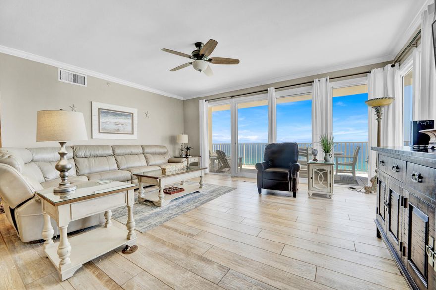 Rare opportunity to own a luxurious GULF FRONT condo on the 14th floor of the exclusive Grande Surf Club complex. Privacy and breathtaking unobstructed views are yours with only 2 units per floor and a total of 14 floors. This unit makes for a perfect home or a impressive short term rental with grossing potential of 90k annually. MUST SEE! The recently renovated unit features a large kitchen and is fully functional, equipped with stainless steel appliances including a wine fridge, garbage compactor, and garbage disposal. The double pantry and quartz countertops provide ample storage and workspace. Enjoy casual dining in the breakfast area accommodating three.The living area is exceptionally spacious, featuring a huge reclining sectional and floor-to-ceiling windows on two sides that le