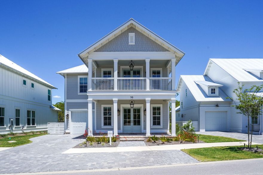 Coastal cottage community just north of 30A with only 38 homes and no short term rentals. New 8' multi use path leads directly to Gulf Place on 30A. Surrounded by state forest and preserve, this southern cottage home built in 2020 has a balcony off master with view of community pond. Large gourmet kitchen with island has tons of storage. Kitchen Aid commercial style appliances and wine refrigerator with cabinets in dining area. 10' ceilings, hardwood floors throughout; tile in bathrooms. Home office and powder bath off kitchen. Large screened porch with summer kitchen overlook backyard which can fit a pool! Move in ready; dining and living furniture included. Epoxy finished garage floor. Surround sound speakers and security cameras installed. This outstanding home is a must see!