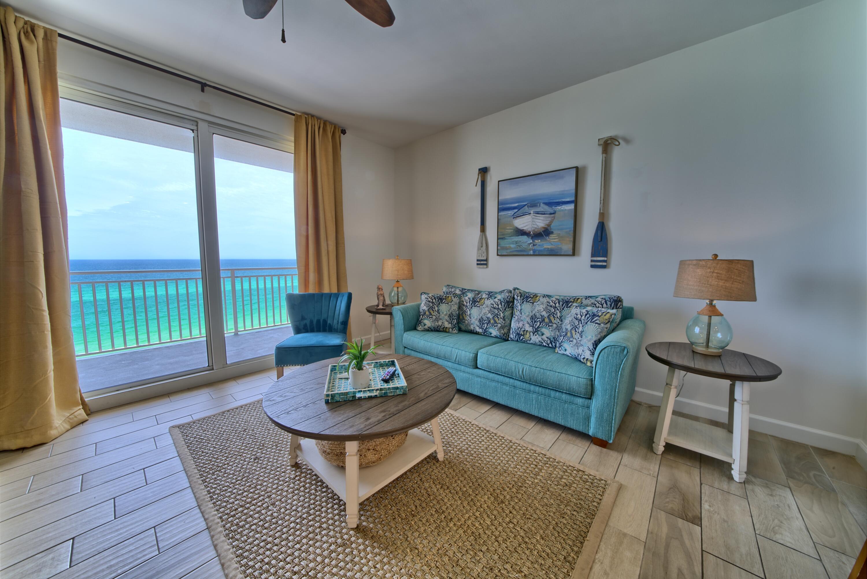 Welcome to Splash #405. Splash Resort is a well-desired destination for families located on the West end. The amenities here will entertain everyone of all ages. The property has a parking garage, and a sky bridge walk-over. This condo is in the East tower on the 4th floor at the end of the corridor making it a perfect location. This floor plan has a large entryway, master bedroom, hallway bunk beds +trundle, and a sleeper sofa to comfortably accommodate 6 people. There are 2 full baths. An open concept kitchen/ living/dining space offers Gulf views that are amazing from sunrise to sunset. Tile floors and granite countertops throughout. The condo is being sold fully furnished and equipped. Completely turn-key! Freshly updated decor in 2021 with a calm beach theme.