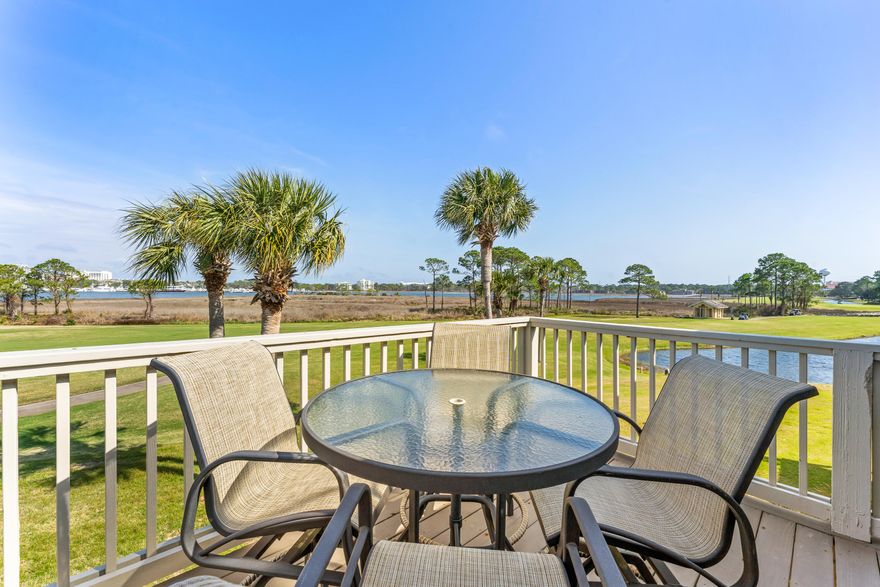 Panoramic 2nd floor perch with stunning views of Choctawhatchee Bay, Baytowne Marina, Links Golf course hole 14 and the weekly fireworks display! This condo has had the same owner for over 20+ years, never been rented and only lightly used. Decorated in a Euro design with thoughtful attention to detail-  expansive pantry, stainless appliance package, wine refrigerator, breakfast bar, smooth ceilings, ceiling fans, new slider, Bay Breeze deck furniture and more !New hot water tank, newer a/c and PRICED TO SELL!
