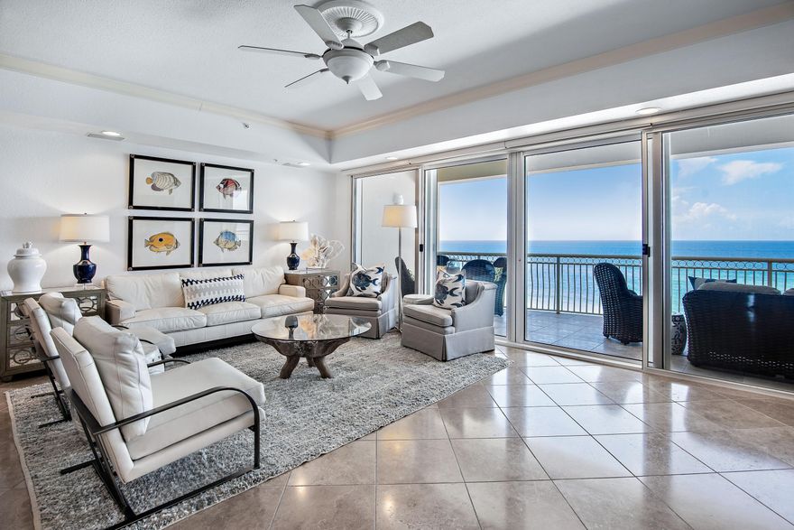 Life at the beach is enjoyed most from this luxury Gulf front condo in Crystal Beach. Situated on the top floor at the Dunes of Crystal Beach, this prime elevation enjoys all the beach has to offer from this gated low-density building. The floor to ceiling sliding glass doors in the living area frame the picturesque Gulf view just beyond the spacious balcony. Light colors and high ceilings accentuate the spaciousness of its open floor plan as do the diagonally-laid tile floors that carry throughout the main living areas and master bedroom. The stylish kitchen features modern raised panel cabinets, granite counter tops, and Kitchen-Aid stainless steel appliances including a coveted gas range, double ovens, and an ice maker. The Gulf front master bedroom features a large bathroom with relaxing jetted bathtub and separate walk-in shower.  The expansive floor plan includes two additional guest rooms with ensuite bathrooms and a bunk room. Additional features to enhance your Crystal Beach lifestyle include motorized hurricane shutters, a water filtration system and electric interior blinds on the south facing windows and doors.