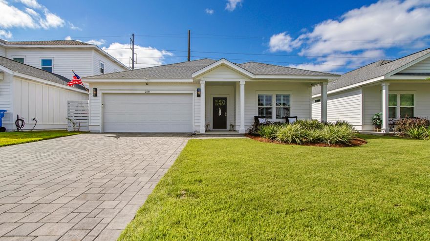 Welcome to Laguna Haven, a gated West End community in Panama City Beach celebrated for its tranquility and prime location. Built in 2022, this upgraded Calabria floor plan offers 3 bedrooms, 2 bathrooms, and 1,661 sq ft of stylish single-level living. The climate-controlled garage with mini split is perfect for projects, and a premium six-seater golf cart makes beach trips a breeze. Inside, soaring 9-foot ceilings with crown molding, plantation shutters, custom built entertainment center with fireplace, and designer lighting create an inviting coastal elegance. The kitchen shines with premium appliances, upgraded cabinetry, and generous pantry space. Retreat to the primary suite with tray ceiling, custom built walk-in closet, and spa bath featuring a backlit double vanity and custom-tile shower. Outdoors, enjoy a covered patio, hot tub, lush landscaping, landscape lighting, irrigation, and widened paver drive. Seller to pay off solar panels at closing, adding long-term savings to this move-in ready coastal retreat. Perfectly situated on the quieter West End of Panama City Beach, this home provides quick access to the beach, 30A, local dining, and shopping delivering the ideal balance of modern coastal living and everyday convenience. Don't miss your opportunity to own this dreamy upgraded coastal retreat-schedule your private showing today!