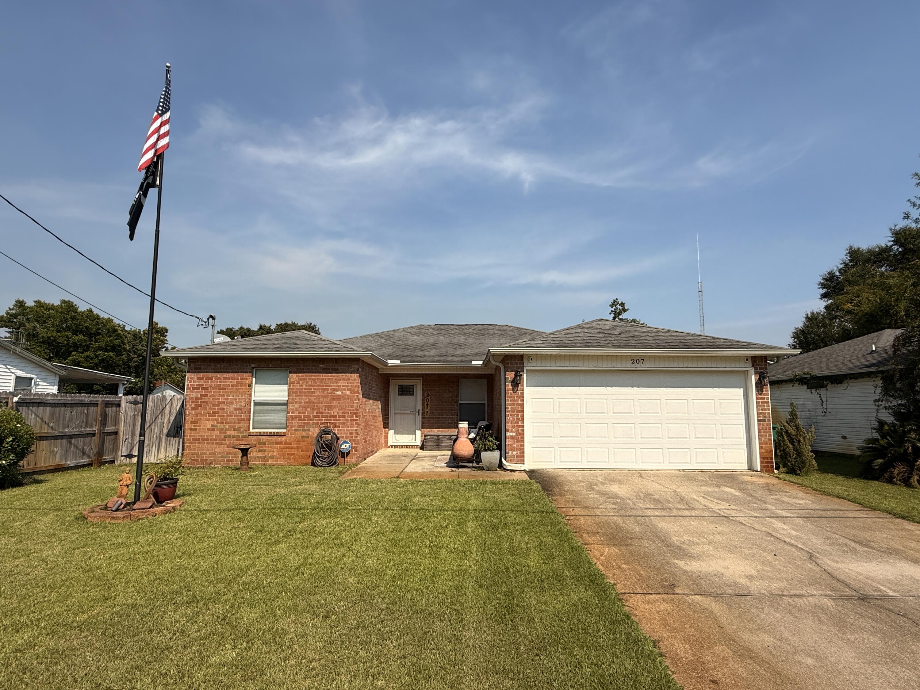Beautiful Brick & Vinyl, One-Owner Home with Modern Updates!, Perfectly located close to beaches, bases, and shopping, this well-maintained home is move-in ready and full of upgrades. With an acceptable offer, sellers are including a brand-new roof. While the current roof is in excellent condition, replacing it will help reduce insurance costs. Inside, the home features low-maintenance tile flooring throughout the main living areas, kitchen, hallway, and baths, with cozy carpet in the bedrooms. The open living and dining area is ideal for entertaining and showcases an elegant trayed ceiling. The Kitchen has cherry wood cabinets, granite countertops, stainless steel appliances, and a gas stove! The spacious master suite is bright with an updated bath that includes a new double-sink vanity, modern fixtures and mirrors, a large closet with motion-sensor lighting, Luxury Vinyl Plank Flooring and a newer soaking tub/shower combination with glass doors. A large, well-lit linen closet adds extra storage convenience. Guest bedrooms are comfortably sized, and the guest bath offers an oversized vanity and tile flooring. Step outside to a backyard designed for maximum enjoyment of our Florida weather! It is fully fenced and includes a screened porch, extended concrete patio, storage shed, whole-house water softener system, lawn pump with sprinkler system, and wired backyard lighting. This home is Highly Energy Efficient due to a super high-efficiency 24 SEER Rheem HVAC system and a tankless Gas Rinnai water heater. Additional peace of mind comes with a termite bond (Sentricon system) through Bryan Pest Control and a whole House Generac Gas Generator! The home also includes a two-car garage and easy to install lightweight 'Fabric Shield' Hurricane Shutters! Sellers prefer a November closing and may request a brief post-occupancy of one to two weeks. Call today to schedule a private showing of this beautiful, move-in ready home!