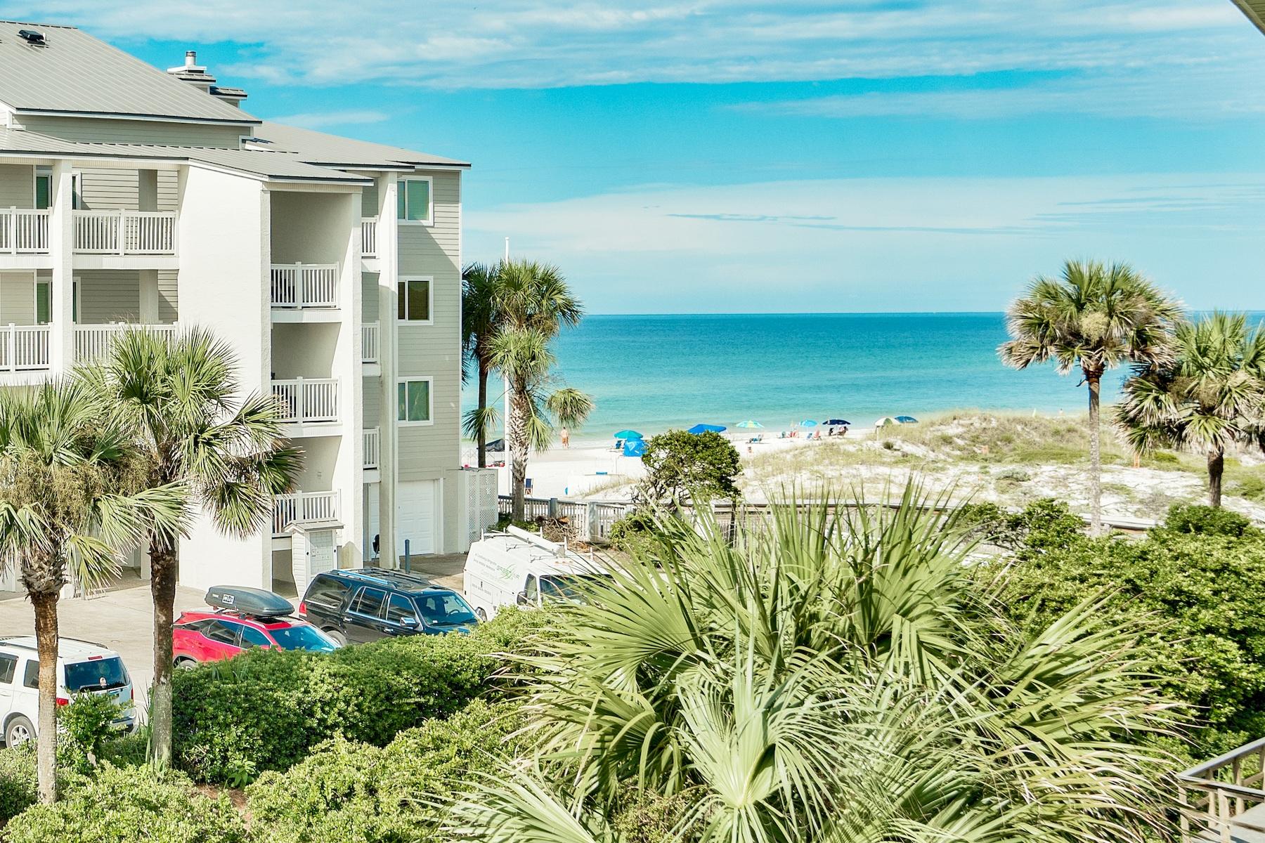 Prime location in the closest building for sale to the beach in Beachside Villas! This amazing three-bedroom, two-and-a-half bathroom condo on the top floor with Gulf views is being sold fully furnished and rental ready. The open living, dining and kitchen are great for entertaining. Enjoy hearing and seeing the waves of the Gulf from the large balcony. Updated furnishings will greet you and your guests on your beach vacations. The unit has a full-size washer and dryer as well. Tile floors run thorough the living areas. Beachside Villas has two community pools (one seasonally heated), tennis courts, shuffleboard and excellent proximity to the white sandy beach. Enjoy shopping and dining in Seagrove and nearby Seaside.