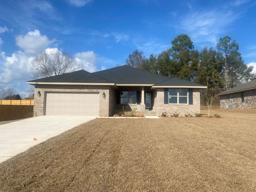 This home offers 4 bedrooms and 2 full bathrooms and a split bedroom plan as well.One of the 3 bedrooms has its own bathroom.All flooors have been upgraded to durable LVP with carpet in the bedrooms. One of the many unique features in this home is a formal dining room as well as a large breakfast area.The back offers a beautiful lanai to oversee your fully sodded yard that comes with a sprinkler system. The home is a 4-sided brick and comes with a 6 ft privacy fence. The kitchen counters are upgraded with caladonia granite that goes well with the low gloss white cape cod cabinetry. The master bathroom has dual vanities and a separate water closet. The Master bedroom is adorned with a trey ceiling and ceiling fan. This home comes with a 10 yr Bonded Builders Warranty