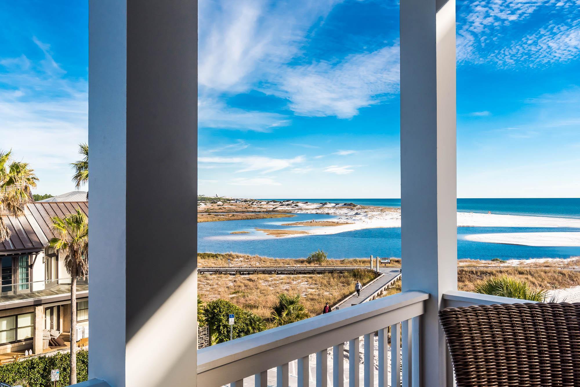 New construction! Uninterrupted Gulf and Lake views from brand new, upscale coastal getaway. Prominent design by Flip Spann architect, custom build by Nove & Glosky. Professional chic decor by Liza Bryan Interiors makes 'Hawk's Hideaway' rental ready. Gourmet kitchen, 10' ceilings, hardwood floors, granite counter tops, custom cabinets & tile, epay decking-balconies and many other custom finishes throughout. Covered porches overlooking beach & lake off 2nd floor living area and 3rd floor bedrooms & wet bar. Ground floor covered parking, pavers, extra storage and an elevator. Only steps to public, undisputed, world famous beach and area's premier coastal dune sanctuary Western Lake. Kayaking, SUP, fishing, crabbing in 'The Pass'. Stroll to Chiringo, A.J.'s & other Grayton Beach landmarks.