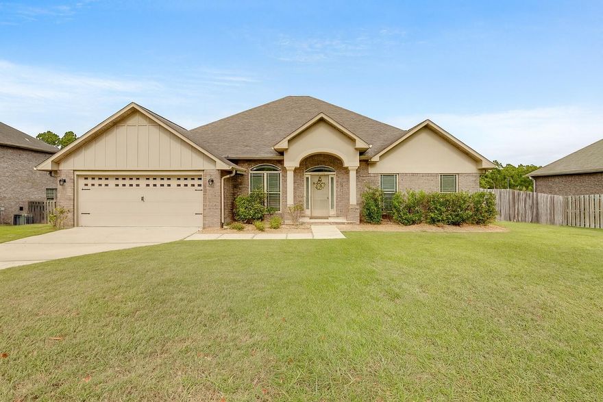 SELLER PAID REDUCED INTEREST RATE OR ASSUMABLE VA LOAN Beautiful home nestled in the back of coveted Fox Valley, conveniently located in South Crestview. The home is at the end of a quiet, no-outlet road with limited traffic. The tall ceilings highlight the open concept in the heart of the home. The beautiful kitchen is a chef's dream with tons of counter space, granite counter tops, stainless steel appliances, and walk-in pantry. The dining room is conveniently located off the kitchen. A bonus room with French doors can be used as an office, study, or home gym. The master suite boasts a large garden tub, tiled shower, private toilet, double sinks, and dual walk-in closets. A second wing of the house holds two bedrooms with a shared bathroom. The third wing holds a separate guest room with a tranquil view of the woods and a bathroom with a walk-in shower. The Florida room is a wonderful space with plenty of doors to open up to the rest of the house. The back porch is partially covered and includes a ceiling fan to allows for year-round entertainment.