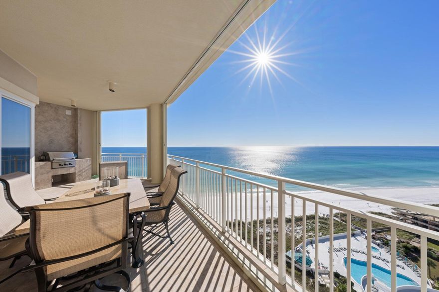 For the most distinguished Buyer!  This rental restricted, direct gulf front condominium is rarely ever seen on the open market and will go fast.  Exquisite 13th floor unit sits on top of 2 floors of enclosed gated parking with 24/7 security for entire grounds, roaming guards, and fully gated.  Private coded, high speed, elevator doors open directly to your foyer area and front door.  Direct Southwest exposure offers panoramic gulf, city, and bay views with perfect year-round sunsets.  200 ft of private beach with no public entry. Concierge type beach services available.  Oversized beachfront pool and hot tub on lower deck with separate private heated pool on upper deck.  Tennis court.  Owner's gulf front lounge and conference room.  Gulf front fitness room with brand new Life Fitness equipment.  Condo features include 2,320 living sq. ft. with 2,685 total sq. ft.   3 bedrooms (two with direct gulf front views), 3 full baths, master bath jacuzzi tub and separate walk-in shower, his & her walk-in closets.  Large gourmet granite kitchen opens to all living spaces with gulf views.  Oversized laundry.  Remote control window shades and screened slider doors.  Large balcony with natural gas grill.  Hurricane proof sliding doors and windows.  Rolling hurricane shutters for your extra protection and ease.  Travertine flooring in all living areas. Carpeted bedrooms.  Original part-time owners since built. Appliances barely used with newer a/c and water heater.  Catwalk front door access to separate service elevator.  2 family guest quarters available onsite.  Storage available on catwalk and garage.  Manager and full maintenance crew onsite.  Lowest condominium association fees in area for prime amenities.  Brand new windows and building upgrades currently in place with assessment paid in full.  Perfect central location between Santa Rosa Beach, 30A, and Destin.  Variety of lifestyles from beach, boating, water sports, golfing, the arts, shopping, dining and more await you. All information is deemed very reliable, but not guaranteed.  

