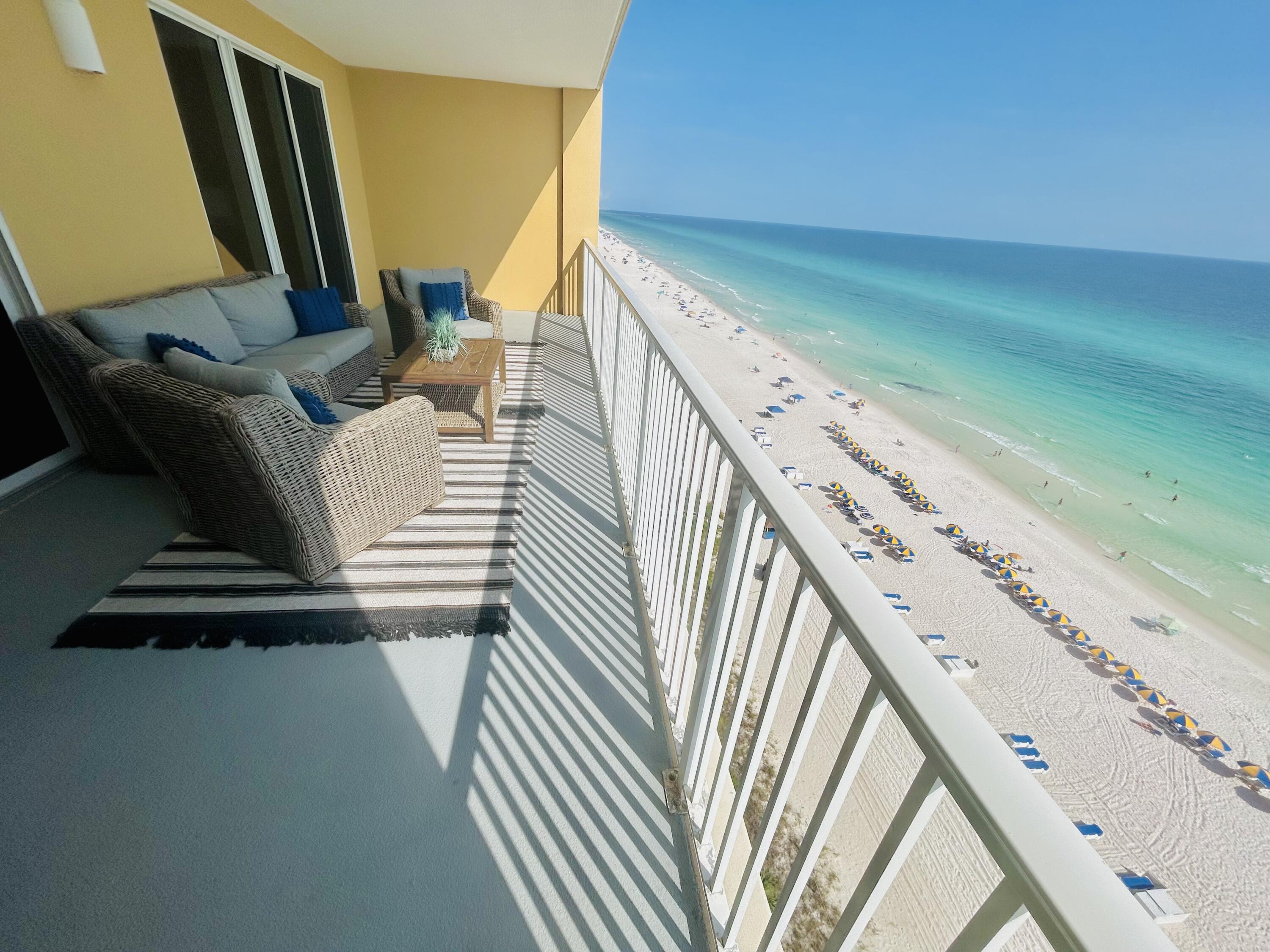 Newly Re-listed!! Don't miss the opportunity for this desirable Gulf front condo, located on the quieter West end of PCB, offering tranquility at your fingertips, while still being close to the action!  This spacious, fully furnished, 2 BDR/2B has an open floor plan with upgraded LVP flooring throughout, Granite countertops in the kitchen and newly installed stainless steel appliances! Enjoy unmatched, spectacular, endless, unobstructed ocean views from the oversized balcony (28'x10'/ 280sq ft), or put your toes directly in the sand when you walk through your private beach access.  Indulge in one of the many amenities to start or top off your day, such as the indoor/outdoor pool, hot tub, workout facility, sauna, etc.. This is a must see property; contact me today for a private tour