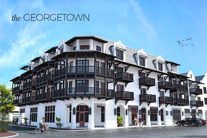 Construction complete on the Town Square in Rosemary Beach. Saving the Best for Last! The Georgetown is the last building constructed on N. Barrett Square in Rosemary Beach. Each features 3 bedrooms, 3 bathrooms, a large bunk-room, and lots of balconies. Unique to residential condominiums, each unit has a large laundry room with utility sink, deeded conditioned storage room and deeded covered parking space. Several of the interior appointments include Wolf 36'' dual fuel range with griddle, Sub-Zero 36''French door refrigerator and wine cooler, wire brushed oak hardwood floors, frame-less glass showers and Calcutta Gold marble counters.