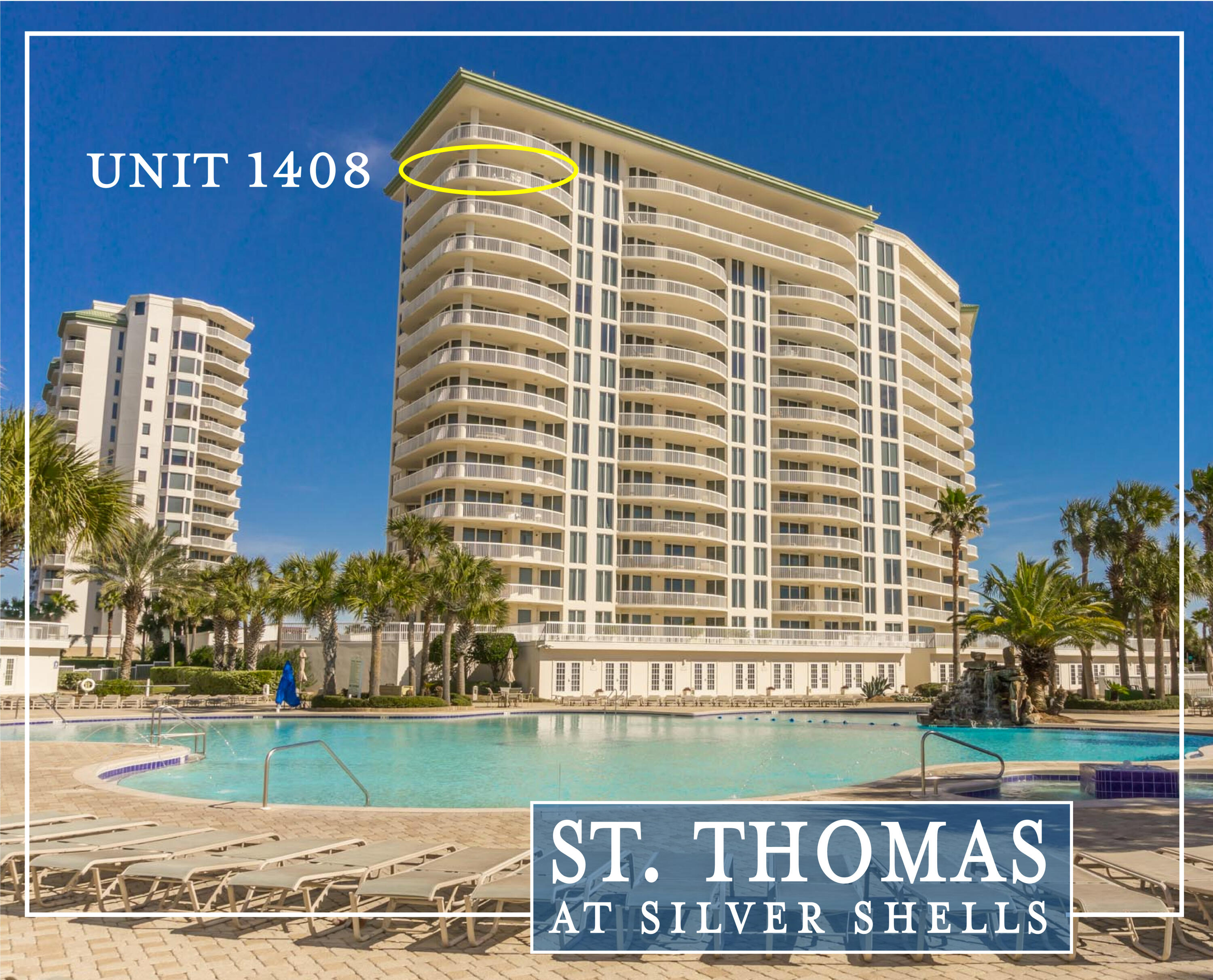 This is a rare opportunity to own a condominium, located directly on The Gulf of Mexico, in the exclusive St. Thomas building at Silver Shells Beach Resort. Unit 1408, has exquisite views and is 2,542 square feet, with 3 bedrooms, 3.5 bathrooms and a Bonus Room. Wrap-around balconies encompass the entire length of the living space and will afford you stunning views of The Gulf of Mexico, from sun up to sundown. In addition, this luxury property includes a deeded parking space and a storage unit to keep your golf clubs, beach toys, paddle boards and much more.Sip your coffee from any one of the outdoor living spaces, overlooking the emerald green gulf water on the spacious balcony; as the sun rises, then spend the day frolicking