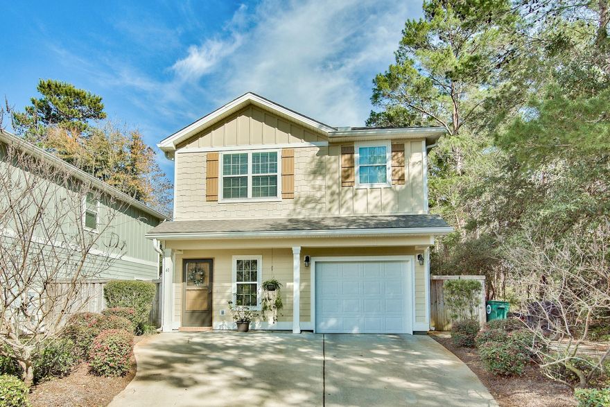 Home is located in Santa Rosa Beach Florida just minutes from the beautiful white sandy beaches and emerald green waters of South Walton. Home has 2 bedrooms and 2 and 1/2 baths. Downstairs flooring is weathered Saddlewood with plush carpeting upstairs. Enormous open Living room/Formal dining and a spacious kitchen with granite countertops and upgraded cabinets showcases stainless steel appliances. Master Bedroom features large bathroom with soaking tub and double vanities. Buyers will love oversized master closet which measures 11x10!!!! Laundry room on second floor is a big plus. Parking is plentiful with one car garage with lots of extra room and two car parking pad . This home is one of few that does not have a neighbors on each side. The lot is on a dead end and bordered