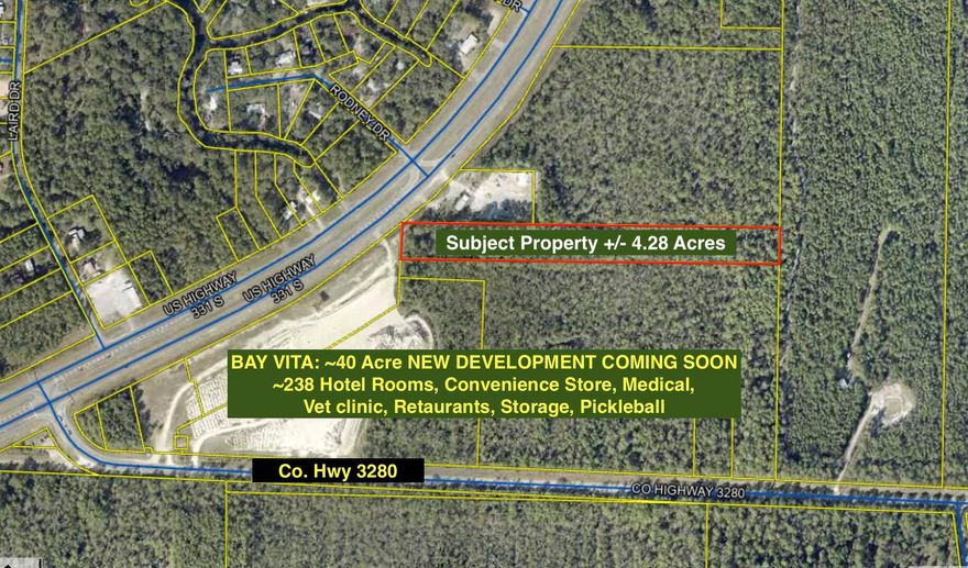 With an excellent location along heavily traveled U.S. Highway 331 corridor in Freeport, Florida this +/-4.28-acre parcel sits directly adjacent to the Bay Vita master-planned development, approved by Walton County under an active Development Order. Bay Vita is entitled for a large-scale mixed-use project consisting of hundreds of hotel rooms, commercial/retail space, convenience store, restaurants, storage facility, pickleball facility and more. Highway 331 carries an average daily traffic count of approximately 17,000 vehicles (FDOT), offering strong visibility and exposure. The property also benefits from an existing highway cut-out for access. Walmart has recently secured a nearby location for a future supercenter as well, reinforcing the area's emergence as a regional retail and service hub with several major planned residential developments emerging as well bringing thousands of new single family homes to the area. Located just minutes north of Scenic Highway 30A's incredible beaches, the property combines coastal proximity with exceptional accessibility. This offering represents a prime opportunity to capitalize on Freeport's next wave of growth, anchored by major development, rising traffic counts, and expanding retail demand.
