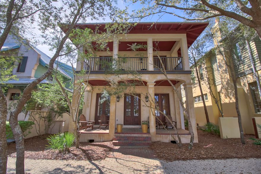 This all block constructed home on the Parkside in coveted Rosemary Beach features an open floor plan and overlooks Bridgetown Park. Brazilian walnut floors are found throughout this three bedroom home creating a refined yet casual, relaxed atmosphere. The third bedroom, located on the first floor, is currently begin used as a media room and has large built-in cabinets and drawers. In addition to 2 bedrooms with full baths, the second floor offers custom built-in bunk beds in the hallway. The kitchen boasts top of the line stainless steel appliances with granite countertops and custom cabinetry and a breakfast bar for additional seating. Enjoy summer evenings on the 700 sq.ft. of covered porches. This home comes furnished with some exclusion of artwork and personal items. Just a short walk to Cabana Pool, town center and the beach, schedule your viewing today! This opportunity will not last long! All information contained within deemed accurate, buyer to verify.