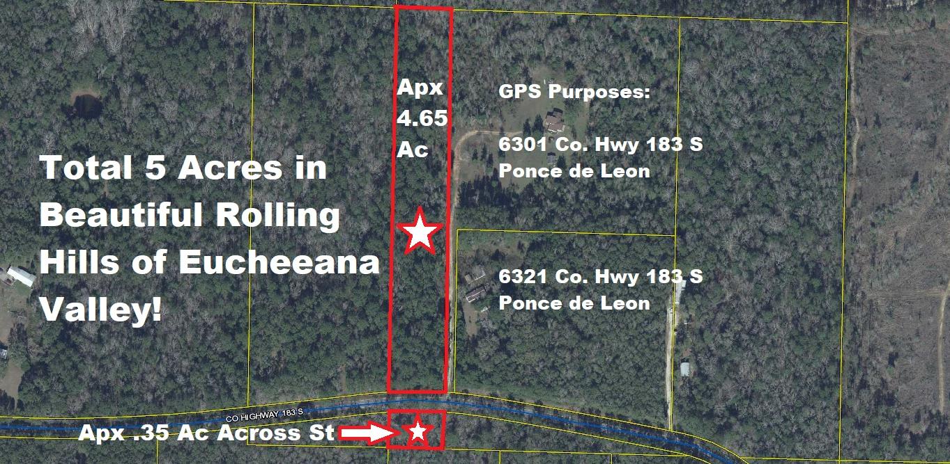 Reduced $2,500...now $25,000 on this 5 acres located in the beautiful rolling hills of Eucheeana Valley area of North Walton County. This property is centrally located less than 45 minutes to the Beaches of South Walton and Panama City Beach. Bring your horses...Build your dream home...Manufactured homes allowed! Apx. 165 ft on paved County Hwy and property goes back over 1100 ft. A small portion of this 5 acres (apx. .1/3 acre) is located across the road (see photos). No utilities currently on property. Well and septic would be required.