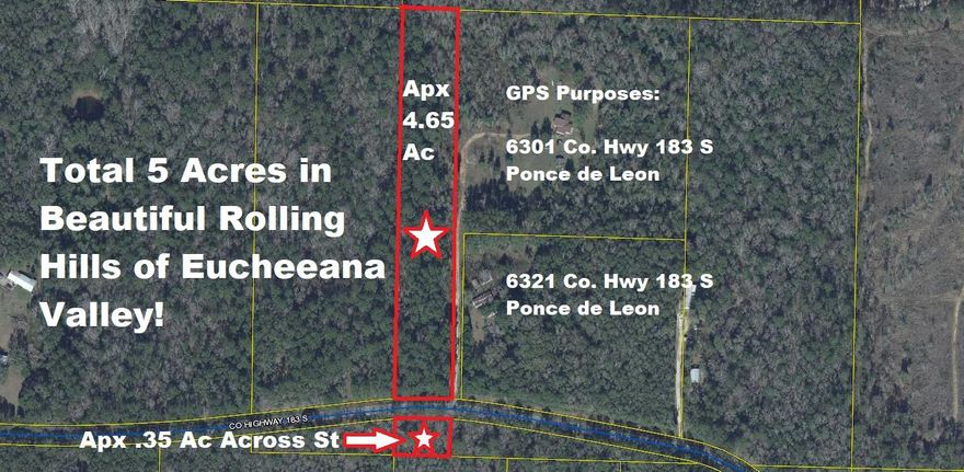 Reduced $2,500...now $25,000 on this 5 acres located in the beautiful rolling hills of Eucheeana Valley area of North Walton County. This property is centrally located less than 45 minutes to the Beaches of South Walton and Panama City Beach. Bring your horses...Build your dream home...Manufactured homes allowed! Apx. 165 ft on paved County Hwy and property goes back over 1100 ft.  A small portion of this 5 acres (apx. .1/3 acre) is located across the road (see photos). No utilities currently on property. Well and septic would be required.