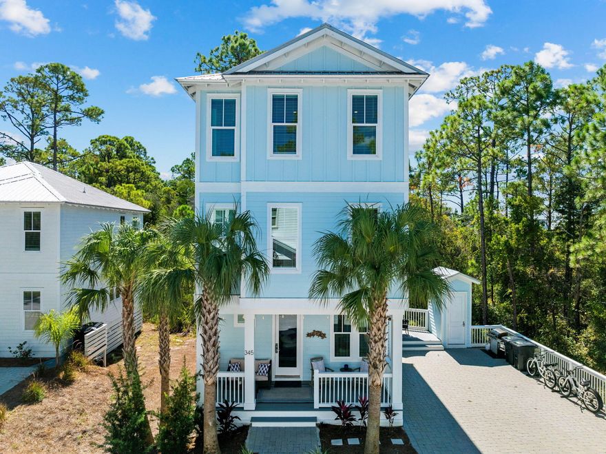 This stunning 3 year old home in the gated community of Treetop Village is offered fully furnished and ready for you to enjoy. Whether you are looking for a primary residence or investment property, 345 Redbud with up to $134K in rental projections will serve you well. Nestled between Alys and Rosemary Beach, this tranquil neighborhood offers the best of both worlds with direct access to both Highway 98 and 30A. The home backs up to a serene wooded area, providing privacy, while also featuring a community pool and deeded beach access, making it the perfect retreat for beach lovers.Inside, you'll find four spacious bedrooms, including  a custom-built bunk room with six bunks, perfect for welcoming  all your favorite people. There is also a FLEX room, that could be used as an office.