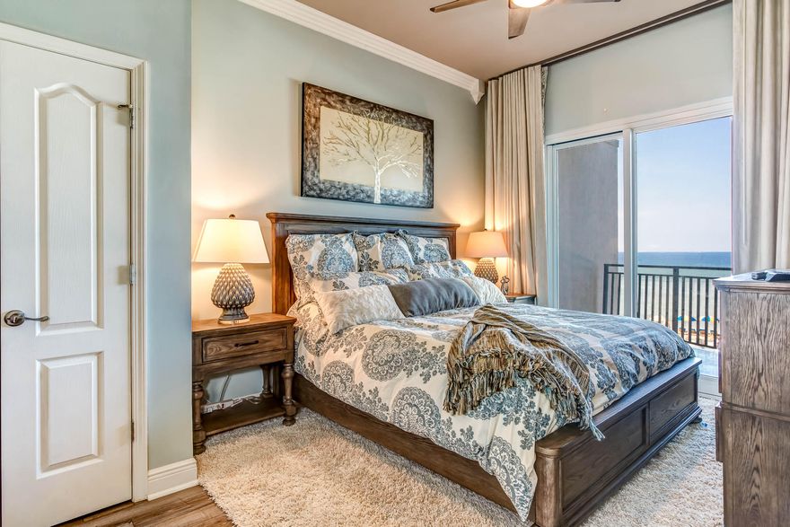 Gorgeous 3 bedroom condo at Sterling Breeze in Panama City Beach, Florida. UNIQUE 10 Foot Ceilings in the living room and master bedroom with each facing the Gulf and offering balcony access. This condo provides the utmost convenience in the building allowing owners and guests the ability to park in the garage and walk straight over to the unit without having to use any elevators or stairs! This condo is beautifully furnished with an array of coastal chic touches throughout offering an inviting setting for anyone looking for a turnkey property on the beach. This condo is currently NOT a rental property and is in great shape. Stainless appliances are featured throughout the property including the front load washer & dryer. The master bedroom features its own private balcony.