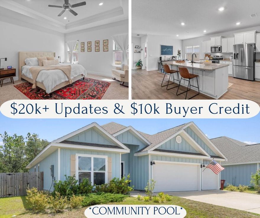 *Meticulous home PRICED BELOW APPRAISED VALUE* Quick commute to EglinAFB/7SFG in a pool community w/rare 3 car garage! Current owners absorbed the cost of upfront ownership items that are NOT included in new construction homes so you don't have to! Included: privacy fenced yard, SS Samsung refrigerator, blinds installed throughout, decorative shelving, and Samsung washer/dryer. Builder upgrades NOT included in competing new construction homes: tub in master bath, double sided kitchen island, 9ft ceilings vs 8ft, upgraded cabinets, cabinet pulls, tray ceiling in master/living, interior doors--all of these combine to give the home a more finished/elevated feeling to it. This is one of the best lots in SRL, w/greenspace to the rear for privacy (lot is also 15 feet wider than new home lots).