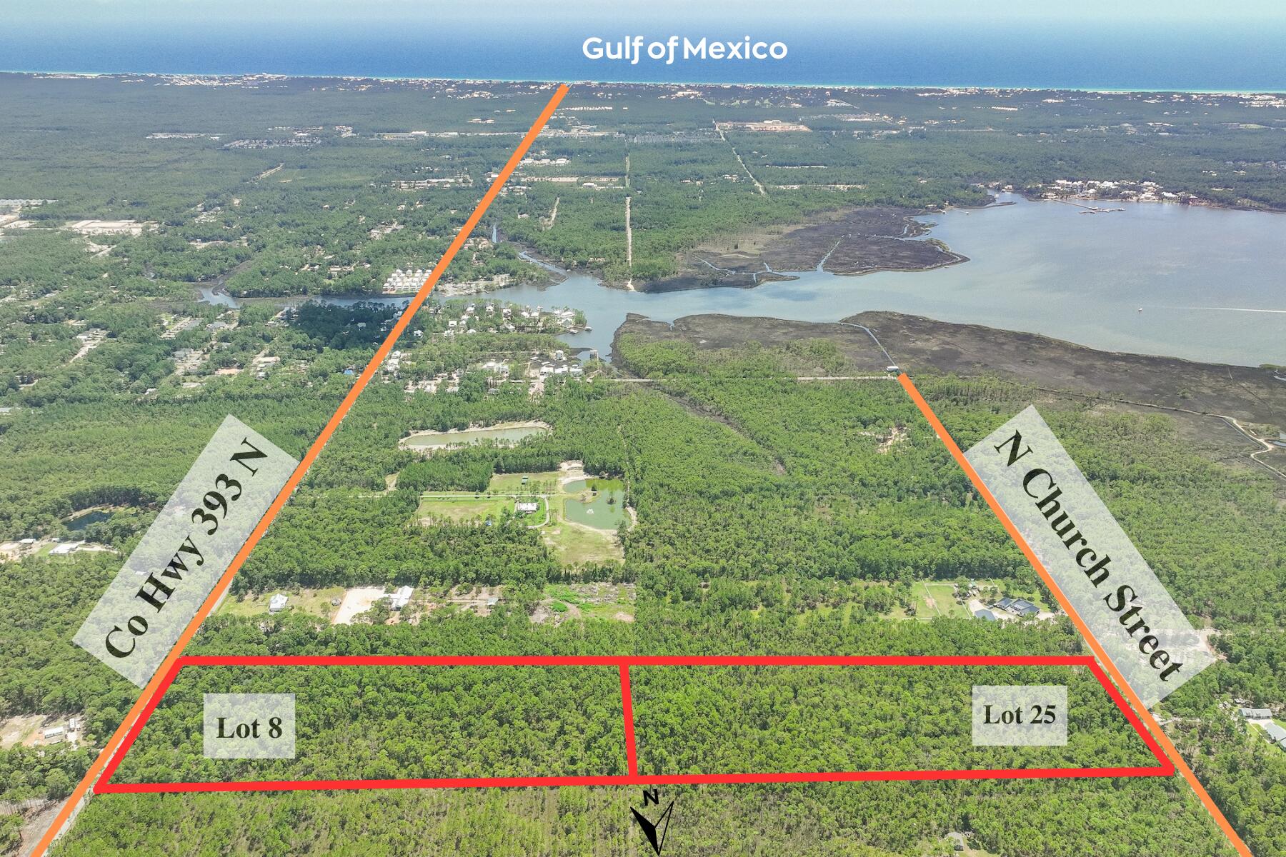 Price reduced! Bring offer! Just completed Wetland Study and New Surveys with CAD(Computer-Aided Design) indicating 90%+ uplands on 20 acres available in Santa Rosa Beach!  Located 2.55 miles north of Highway 98 are two back to back parcels. One is on North Church Street, the other is off of Highway 393. They are 2615' to the Bay and 4.47 miles to the Gulf! Cessna Landing, which has a public boat ramp and park, is 4,427' away! (less than a mile) Culverts were installed on both sides 3 years ago. Also light forestry mulching has been done. There is an existing gate on the West - 393 side.Call for details! Documents are available upon request.