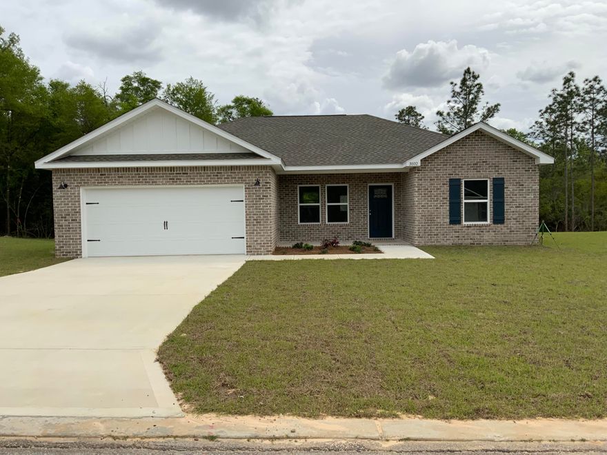 ADELINE FLOOR PLAN-Feels bigger than 1300 square feet! Open floor plan with kitchen featuring pantry, white shaker style cabinets, stainless steel appliances, quartz or granite countertops (kitchen and baths), work island with bar seating and dining area, Luxury Vinyl Plank in common areas, carpet in bedrooms.  Owners suite has double vanities, walk-in closet, large laundry room, patio in rear, all brick construction on 1/2 acre lot North of Crestview. May completion date and seller will help with closing costs-call for details!