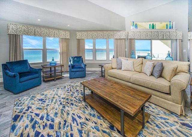 Rare Find - Completely renovated gulf front 3BR plus 4th bedroom/bunk room & loft media space with rental projections of $140,000-$165,000! One of a kind artistically inspired spectacular Penthouse unit located in well maintained low rise/low density building in quaint Crystal Beach boasts incredible gulf views and an open airy layout. This unit will take your breath away! No expense was spared, and no detail was overlooked in the complete remodel of this spacious West End corner unit featuring a large private balcony to enjoy our incredible sunsets.  Natural light floods the unit through ample sliders and windows.  Professionally designed and decorated, the unit features neutral tones with pops of color and quality high-end furnishings & decor as well as an amazing mural located in one