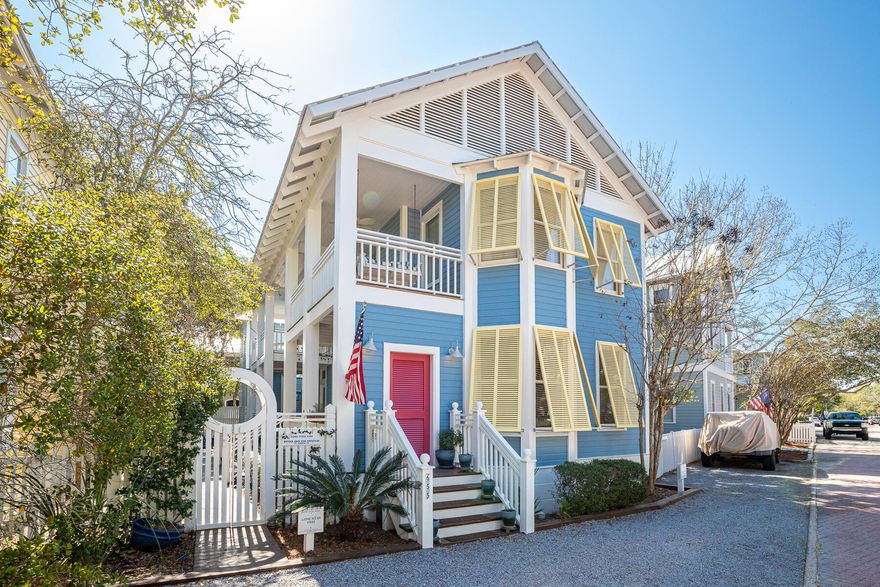 Lone Star Fish commands curbside charm from the moment it catches your eye!  Behind the sunny yellow shutters and that candy apple red front door (which has been featured on Southern Living's social media) is a happy feast for the eyes.  Once entered, you're greeted by a generous porch running the entire length of the house.  Inside, a warm and inviting living room beckons you.  The adjoining dine-in kitchen is spacious, bright and cheerful.  Plenty of cabinets and storage space make for maximum efficiency.  A charming guest bedroom, bathroom and laundry room complete the first floor.The second floor features a spacious and beautiful Master Suite with its own bathroom, sitting area and private porch. A hallway (with access to a second porch) runs from the Master Suite to a lovely second guest bedroom and bunk room (connected to a Jack-and-Jill bathroom). Moving up, the third level's enclosed tower has two observation decks offering stunning panoramic views of Seaside from sunup to sunset; and bountiful star glazing at night. Numerous built-in bookshelves here, and in other parts of the home, will display your favorite beach reads or those treasured first editions.

Frog Pad (Guest House) is the perfect leap from the Main House to one of the most darling guest cottages in Seaside! Full kitchen, dining nook, living room, and half bath are located on the first floor. Upstairs is a beautiful Master Suite with a lovely and spacious sitting area (providing the perfect place for a cat nap or to curl up with a good book).  Completing the Master Suite is a bathroom, plenty of closet space and a laundry amenity to make your guests most comfortable.  Frog Pad can make a great rental cottage on its own; or combined with the Main House, it completes this beautiful Seaside family compound.

Outside there are several lovely, shaded seating areas for winding down at the end of the day; and plenty of outside storage for all your beach gear.

