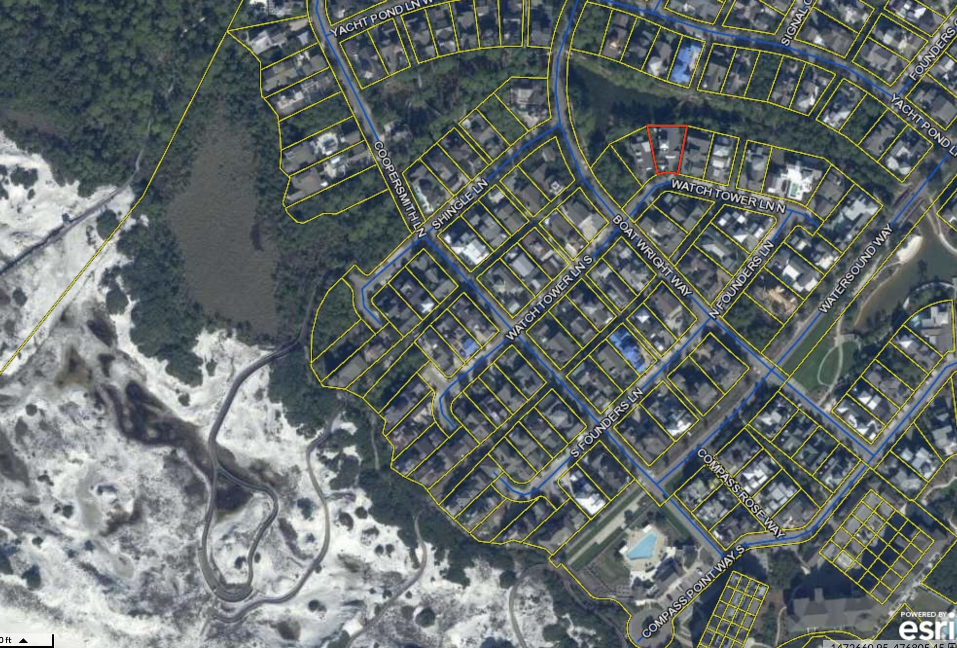 Wonderful large pie shaped lot on a very private street in WaterSound. This lot has 85 feet on the Yacht Pond and should have gulf views directly down Watch Tower Lane to the beach.This lot will have great permanent gulf views, better than many homes even in the 2nd or 3rd Row. A great lot on the south side of WaterSound. Construction start date i