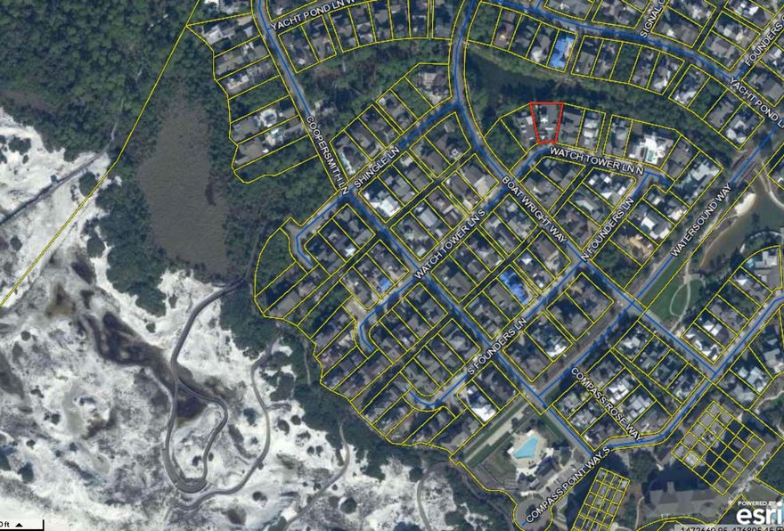 Wonderful large pie shaped lot on a very private street in WaterSound. This lot has 85 feet on the Yacht Pond and should have gulf views directly down Watch Tower Lane to the beach.This lot will have great permanent gulf views, better than many homes even in the 2nd or 3rd Row. A great lot on the south side of WaterSound. Construction start date i