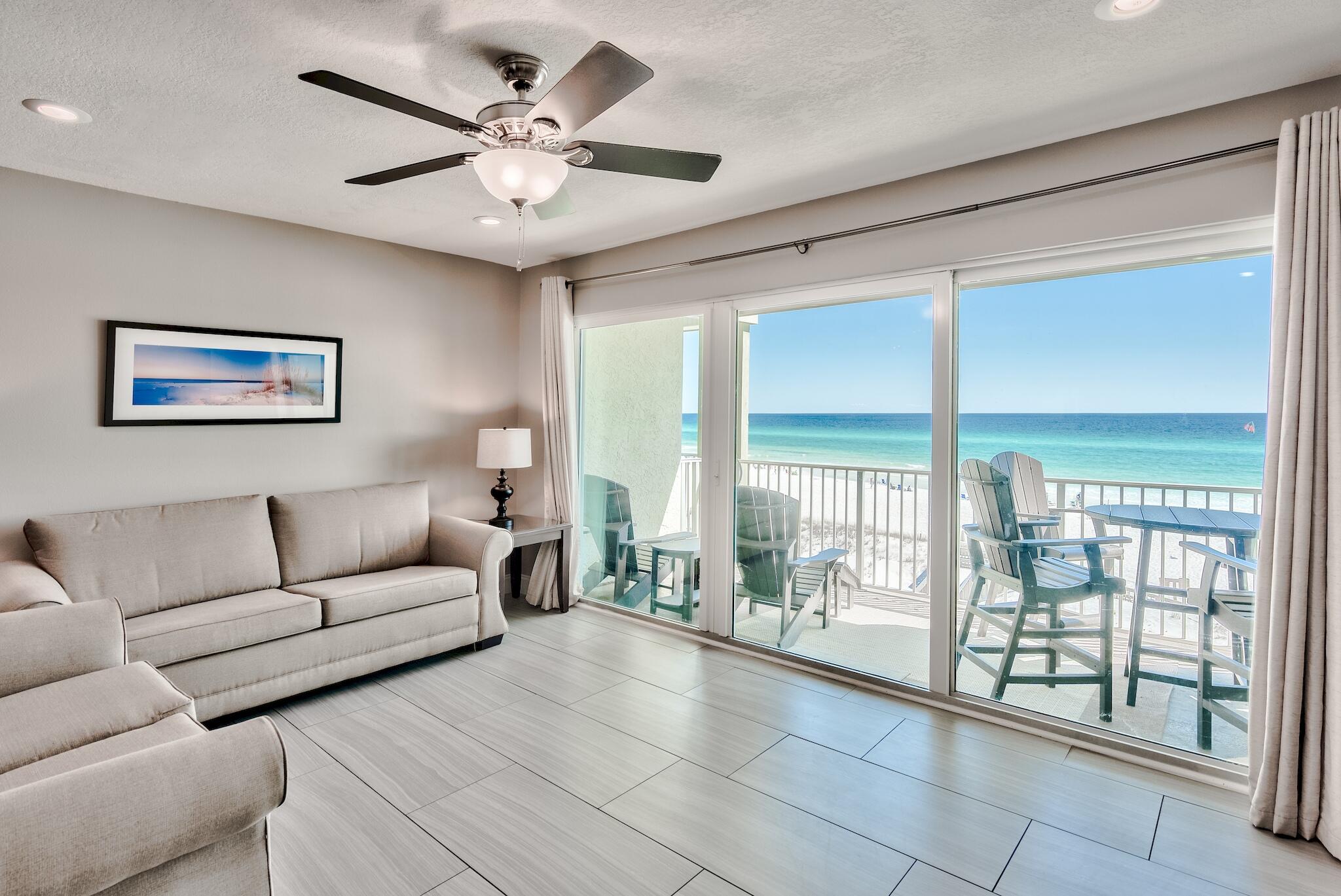 NEW COASTAL A/C SYSTEM! Beautifully updated, this beautiful GULF FRONT condo is in the heart of Seagrove Beach. This one bedroom, one bath with built in hall bunks and a queen-sized sleeper sofa offers expansive views from its beautifully upgraded kitchen, living area & private balcony. Commodore's Retreat is a low density 24-unit development in Seagrove Beach adjacent to Eastern Lake and a short bike ride to Seaside. Amenities include a pool, private beach access, new BBQ area, covered parking space and private storage unit, along with a recently added owners only golf cart parking area. The exterior of Commodore's Retreat was completely renovated with new hurricane impact glass windows and doors, exterior stucco, HVAC compressors, railings, balconies and sprinkler system.