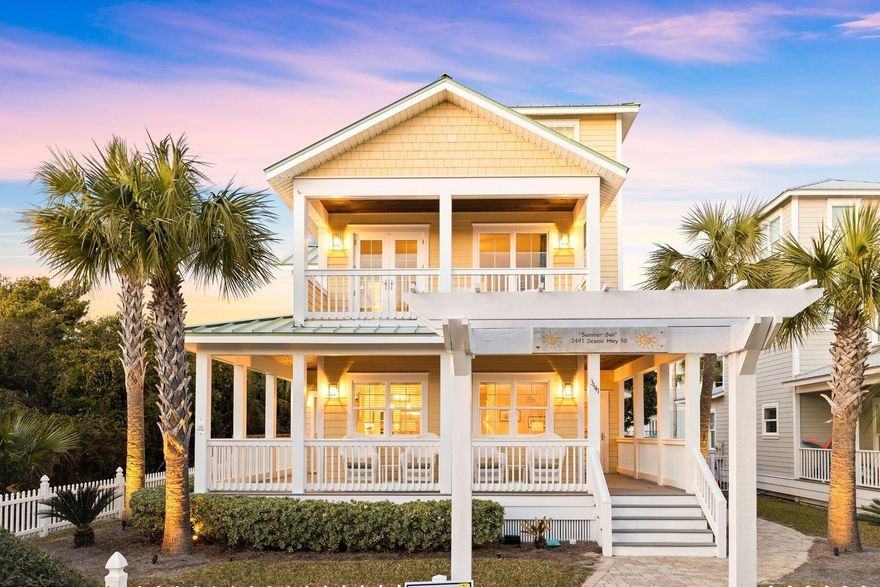 Just steps from the beach, this updated beach house offers breathtaking Gulf views and ample amenities for a perfect beach getaway.Nestled within the quaint seaside community of Crystal Beach, this charming home welcomes you with its white picket fence and three levels of covered porches, providing idyllic spaces for serene relaxation and outdoor living. Adorned with lush landscaping, the front porch invites you to savor your morning coffee or sip cocktails at sunset while soaking in the coastal ambiance.Step inside to discover a light-filled and spacious interior, featuring a generous sitting room and a cozy sectional sofa ideal for social gatherings or laid-back TV nights.