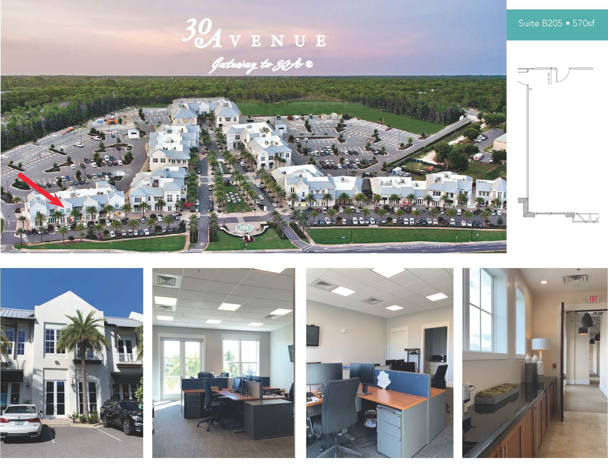 570 square foot office space at 30Avenue in Inlet Beach. The space has an open floor plan with drop ceiling, carpet tiles, a dry bar, and a storage closet. The unit is $ 3,300 per month and is available now.