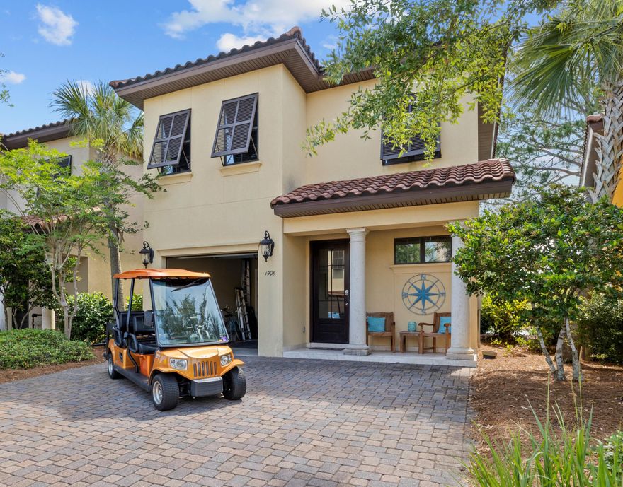 Enjoy Amazing Water Views overlooking the Lake and 4th Fairway of Baytowne Golf Course while relaxing on your back patio or upstairs Primary Bedroom Balcony. Located in the desirable neighborhood of Villa Lago with neighborhood Pool and Club House, this Mediterranean Style Home includes a Golf Cart. As a Primary Residence, Vacation Retreat or Investment Property, the Open Floorplan allows for Spacious Living and Dining, perfect for entertaining and living the Resort Lifestyle. Beautifully designed with a Warm & Coastal Flair, this home offers Travertine Flooring throughout the Main Living & Baths, Granite Counters, Stainless Appl, Triple Crown Molding, Extra Pavers extending the Back Patio, an Oversiized One Car Garage, Lots of Closet Space and Extra Pavers in the Driveway for addt'l cars