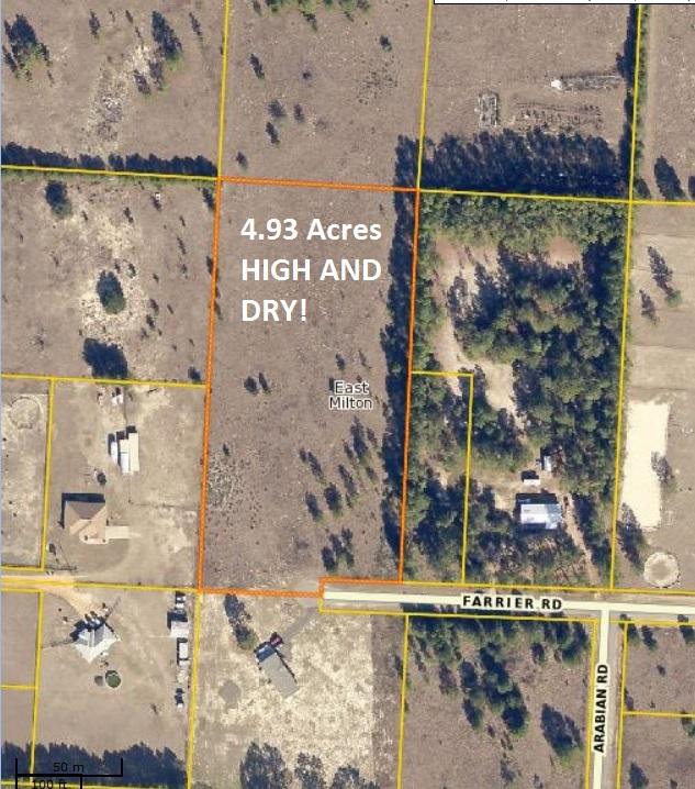 Previously ''Pondarosa Farm'' land, this lovely, level, 4.93 Acre property is country living at its best! Located on a Paved road at the end of a Cul-de-Sac! This beautiful land is less than 5 minutes from shopping in Milton and Pace! Located Conveniently less than 25 miles to Navarre Beach and a five minute (or less) drive to Interstate 10! Perfect for long-term investment or to build your dream home and have your horses in the back yard! Mobile Homes Allowed, but many new homes are located nearby! The Lot has some growth now but was cleared in 2004. Drive by and view it today! A raised seal survey from 2004 will be provided by Seller. Property is owned by the listing Broker. Please also note that the owners of the 5Acre Parcel behind this lot (Redland) may also be interested in selling.