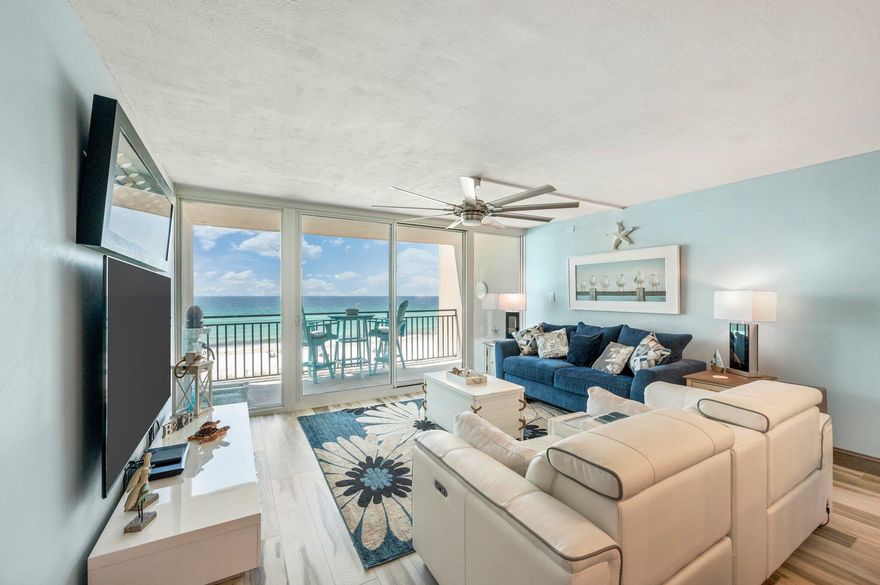 Absolutely stunning fully remodeled gulf-front condo in The Breakers. Full time owner lovingly remodeled every inch of this gorgeous condo with lots of unique and special details. All walls and ceilings were refinished,entire condo has new wood look luxury vinyl floors, Full kitchen remodel to include removing walls to open up the full gulf views from the kitchen, all new soft close shaker cabinets,beautiful quartz countertops, custom stone backsplash design,new high end Kitchenaid appliances and even a space to use as a desk.The bathroom was gutted and turned into a masterpiece with large walk-in shower, unique glass sinks,soft close shaker cabinets, full wall from counter to ceiling custom tile work, and quartz countertops.All new furniture, lighting, ceiling fans, hardware, solid core wood doors and Wifi controllable air conditioner in 2023. All fire sprinkler heads in the unit were redone to be concealed. Perfect location on the 5th floor: not too high, not too low and not directly above the pool. Enjoy a glass of wine at sunset or watch for dolphins playing in the gulf from the spacious 16 foot long balcony. One of the unique designs of the Breakers condos is the truly wall to wall windows that open up such a large view of the water. The Breakers is genuinely a great building to live in with a lot of full time residents. The building is impeccably maintained and recently refreshed with new railings on all units, new roof in 2023, and new paint and seal coming this Fall. The building has also already had its Phase 1  Milestone Report done by an Engineering firm and passed all areas. The location is unparalleled, offering immediate access to local dining, shopping, and entertainment. Enjoy a great view of the Okaloosa Island Pier from your balcony to watch the fireworks show over the Gulf every Thursday night during season.The Breakers boasts a variety of luxurious amenities designed to elevate your coastal lifestyle. With onsite rental management, 24/7 security, and a staffed front desk, convenience is always within reach. You can unwind at two large Gulf-front pools and hot tubs, maintain your fitness at the center complete with a sauna, engage in outdoor activities on the lighted tennis/pickleball court, or a game of volleyball on the beach. Socialize in the owner's club room equipped with a kitchen, or enjoy BBQs and a game of shuffleboard at the picnic areas. Owners benefit from external storage that comes with the unit and additional storage is available for large beach toys such as kayaks and SUP boards for a nominal fee and also can opt for covered parking at a nominal fee. Owner's can purchase their own custom beach chair and umbrella with their name on it and the beach chair service will set it up for you. Pets are welcome too. The Breakers on Okaloosa Island offers the perfect combination of comfort and convenience. Call today to see this dream come true condo!
