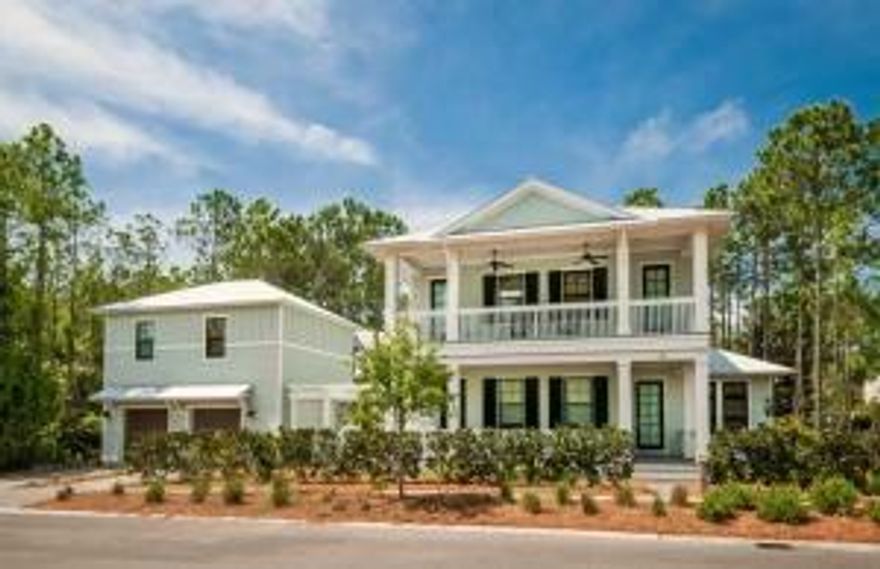 Never rented, very private Watercolor residence with 5 bedrooms, 5.5 bathrooms, a bunk room and a guest retreat over the 2+Car garage.  Conservation land to the South, a park adjacent to the North and a vacant lot across the street make this home feel spacious and secluded, an exception in Watercolor. Be sure to look at the 3D Interactive Matterport Virtual Tour in the photo section of this listing.  A covered porch leads to both the entryway and a wraparound open-air deck for soaking up the bright Florida sunshine while relaxing on the huge porch swing.  As you enter the house there is an open concept family, dining and kitchen area, a powder room for guests and a bedroom with en suite bathroom. This bedroom would be the perfect private office for those working from home.