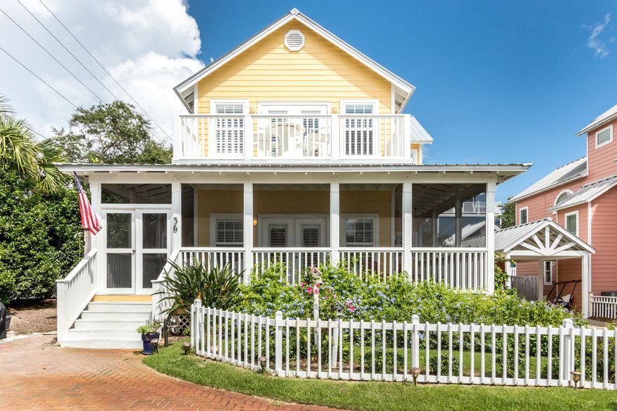 South of 30A and only steps to the community beach access in gated Sunrise Beach. Recently upgraded and refurnished, sold rental ready. Listen to the waves crashing from a welcoming wrap-a-round screened porch. Situated on a cul-de-sac, the 4 bedroom, 3 bath home is easy to maintain with a metal roof and hardie board siding. GORGEOUS pine floors are throughout the main living areas, stairs and 2nd floor master with Gulf Views via the private balcony! A large guest bedroom with en-suite bath completes the 2nd level. The 1st floor is bright & spacious. The kitchen, open to the living room and generously sized dining room with bay window, boasts LG stainless steel appliances, maple cabinets, a single basin sink & red quartz countertops. 2 guest bedrooms and full bath complete the 1st level.
