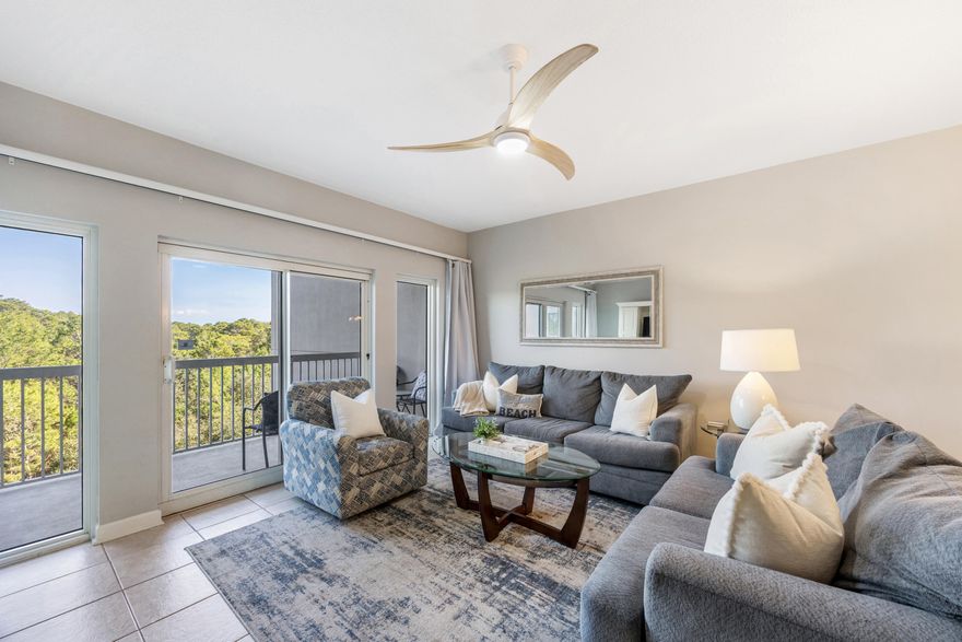 Experience the best of coastal living at The Summit in Tops'l Beach & Racquet Resort! Enjoy peaceful views and an unbeatable location in this beautifully priced 2-bedroom, 2-bath condo overlooking the serene nature preserve of Topsail Hill Preserve State Park. Nestled within the prestigious gated community of Tops'l Beach & Racquet Resort, this east-facing unit offers a tranquil setting where you can sip your morning coffee while watching deer & other wildlife from your private balcony, accessible from both the living area & the primary suite. The interior features a granite in both the kitchen & baths, and a bright open concept layout with tile flooring throughout for low-maintenance beach living! Three brand new fans were just installed for a more modernized feel. Sold fully furnished. The cheerful kitchen includes stainless steel appliances, granite countertops, ample cabinetry, a pantry/owner's closet, and a breakfast bar ideal for casual dining. The kitchen and dining area also captures calming nature views.

The spacious primary suite features a king bed, balcony access, and large windows that bring in great natural light & peaceful views. The ensuite bathroom is complete with granite vanity and updated walk-in tile shower with glass surround. The guest bedroom offers a queen bed and a twin bed to maximize rentals. The split-bedroom layout is ideal for added privacy, plus flat screen TVs in both rooms and brand new fans that modernize it. A second full bath features a granite vanity and nice tub with tile above and glass door. There is a stackable washer/dryer to complete the space. The unit was recently staged for a more coastal feel and can convey for just $1,000 at closing (to agent). 

Owners and guests at The Summit enjoy exclusive access to its private pool, hot tub, and BBQ area, as well as the world-class amenities of Tops'l Beach & Racquet Resort. Highlights include 600 feet of private beach, a beachfront pool and tiki bar, fitness center, indoor/outdoor pool, 12 Rubico lighted tennis courts, pickleball, basketball, shuffleboard, mini golf, and three on-site restaurantsall on 52 acres of lush, Gulf-front property. Whether you're looking for a full-time residence, vacation retreat, or income-generating investment, this condo at The Summit checks all the boxes in a truly one-of-a-kind coastal setting.