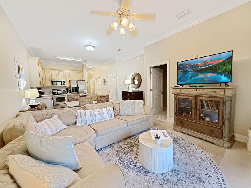Seagrove Highlands is a gated, quiet community nestled in the heart of Seagrove Beach. It is tucked away yet convenient to the bike path, shopping, dining, entertainment and the coastal towns of 30A. Walk or bike to the beach access located approximately 0.25 miles. Seagrove Highlands 1302 is a 3 bedroom 2 bath, fully furnished condominium home that is ideal for a vacation rental, second home or primary residence. The first guest bedroom features twin bunkbeds with built in steps and decor that is perfect for little ones. The second guest bedroom has a queen size bed and two large closets for ample storage Along the hallway, you will find storage closets as well as a stacked washer and dryer. The kitchen is sure to please the residence chef with ample cabinetry and countertop space as well as stainless appliances. The island will be a terrific place to prepare your catch of the day or to serve breakfast to guests. Enjoy a meal with family and friends around the dining room table as you look out and enjoy the serenity of nature. Entertaining is easy in the open floor plan with hard surface flooring throughout the main living spaces. The comfortable sectional sofa in the living room is just right for unwinding from a fun filled day at the beach before stepping onto the terrace to connect with family and friends and to reconnect with nature. The master bedroom suite has brand new carpet and is separate from the guest bedrooms affording privacy. The en suite bath is spacious and boasts double vanities, tons of storage, a separate shower and soaking tub. Spend mornings enjoying coffee on the screened porch adorned by nature. Enjoy a day at the beach and then retreat to your neighborhood pool an afternoon swim or spend the evening fishing on the community dock.  