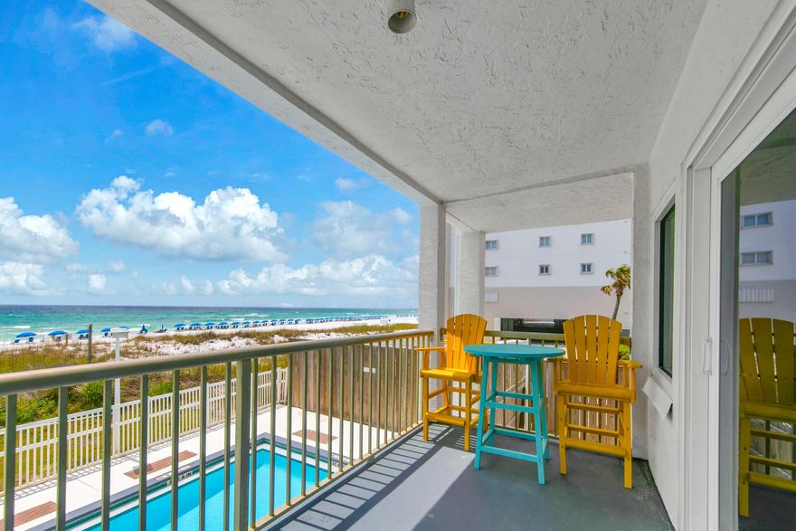 Destin Seafarer is a charming, low-rise condominium ideally situated right on the sugar-white sands in the heart of Destin. This beautifully updated, turnkey corner unit is located on the first residential floor (with parking on the ground level), offering breathtaking views of the beach just steps away.Inside, you'll find a fully equipped one-bedroom condo featuring a king-size bed in the master suite, two cozy bunk beds built into the hallway alcove, a queen-size sleeper sofa, and a full kitchen perfect for preparing meals after a day in the sun.The HVAC condenser was replaced in 2023, ensuring comfort year-round. Whether you're looking for a vacation getaway or a rental investment, this unit is ready for you.