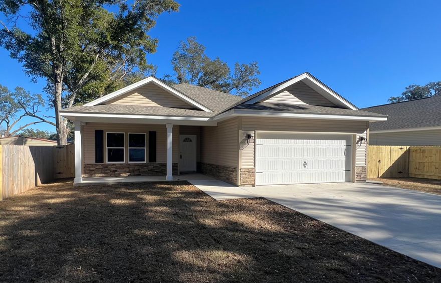 New Construction - One of 3 homes tucked away on private drive. Seller offering up to $5K in closing cost or rate buy down with acceptable offer. Homeowner insurance estimate under $1,800 a year! Home has beautiful finishing touches including LVP flooring throughout, nine-foot ceilings with a tray in the master and living area. Open kitchen with custom white shaker style cabinets with easy close doors, granite counter-tops, stainless steel LG appliances including refrigerator. The dining room leads to the covered back porch grilling area. Both bathrooms have granite countertops and master has large walk-in closet. This is a Good Sense energy efficient home with Low E windows and Rheem HVAC. Home includes privacy fence with gates on both sides. Well water irrigation system.