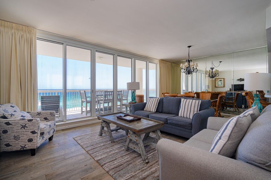 This beautifully decorated, three bedroom, three bath condo features picture perfect views of the Gulf of Mexico from the living area, kitchen, dinning room, master bedroom and master bath. Both additional bedrooms feature an ensuite (private bath) and Juliet balcony. The kitchen features coastal grey cabinets, white corian counter tops, a breakfast bar, & pantry. There is a separate, walk-in laundry room with a full-size washer & dryer. Silver Beach Towers amenities include 600 feet of sugar white sand beach, two large gulf front swimming pools and hot tubs, beautifully landscaped green space with outdoor grilling area and tennis courts. The unit conveys with a deeded covered parking space and assigned storage cage. 600 feet of sugar white sand beach, two large, gulf front swimming pools and hot tubs, beautifully landscaped green space with outdoor grilling area and tennis courts. The unit conveys with a deeded covered parking space and assigned storage cage.