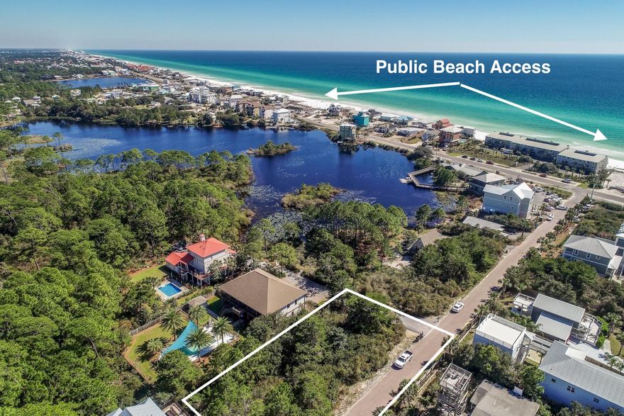 Half acre lot just 600' to the new public beach access. Possible lake and gulf views from a multi-story home on this site. This is a fantastic location on the west end of 30A with just a short stroll to restaurants, bar, live music and 2 county beach access points. Perfect for vacation rentals or primary residence. Potential subdividing into multiple lots is subject to verification by buyer and their representatives. Property is located in Flood Zone X.