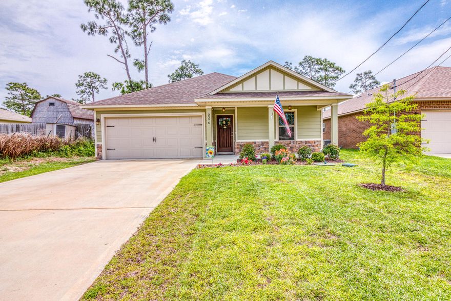 This like-new home was built in 2017 and offers 4 bedrooms in a split floor plan with tile in all wet areas, laminate wood in the living areas and carpet in the bedrooms. The spacious living area has a custom treyed ceiling and the kitchen has stainless appliances including a wine cooler, solid wood cabinets, a pantry, granite counter-tops and breakfast bar. The Master Suite has a separate tile shower and garden tub with dual vanity. Not to mention the landscaping, with the exterior of the home having popular stone and hardie plank siding. The location is close to the beautiful Navarre Beaches and Hurlburt Field.