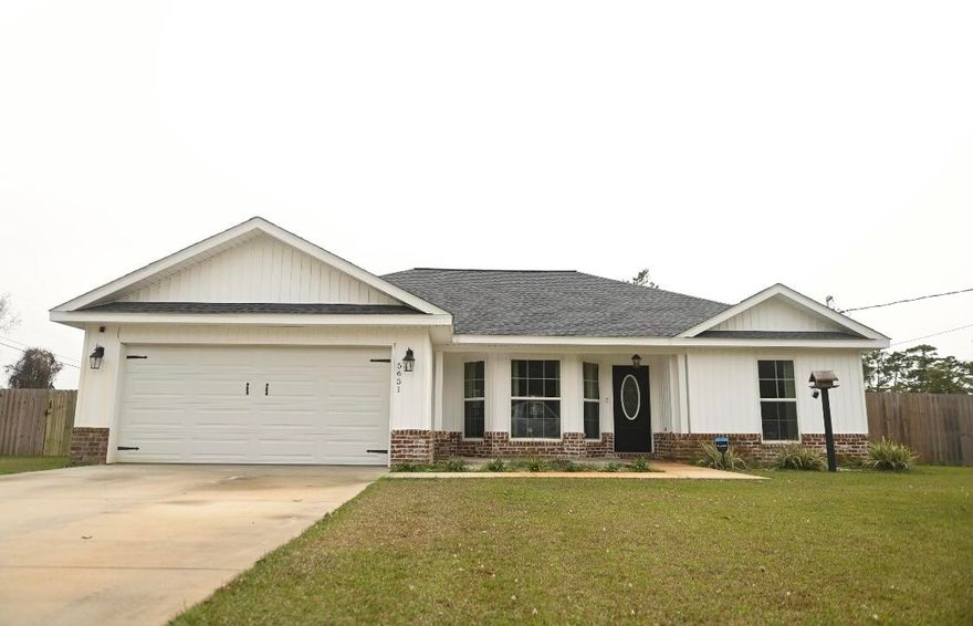 This newly built in 2020 home includes: a beautiful accent wall in bedroom, two car garage, vaulted ceilings in the living room, LVP flooring throughout with carpet in the bedrooms and tile in both bathrooms, and laminate counters in kitchen and bathrooms. As well as floor to ceiling tiled shower in the master bathroom with beautiful double vanity, and a large walk in closet. The king size floating bed frame with lights comes with home. Home has a fully fenced in backyard with in ground sprinkler system for the large front, side and backyard for this beautiful corner lot.